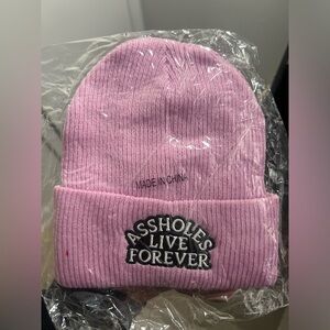 Pink Beanie with Embroidered Text